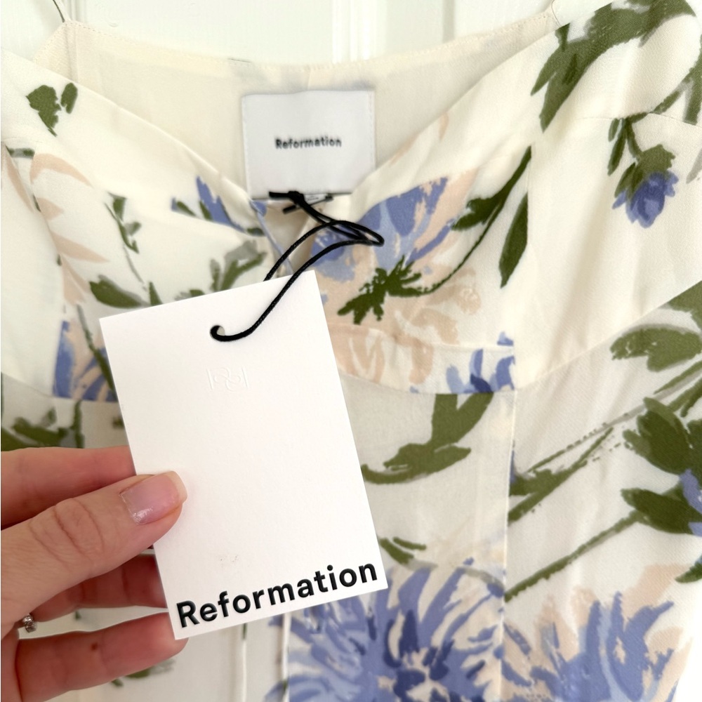 Reformation Emely Dress Midi Length Serenity Ivory Lilac Floral Lace Up French - Picture 9 of 11